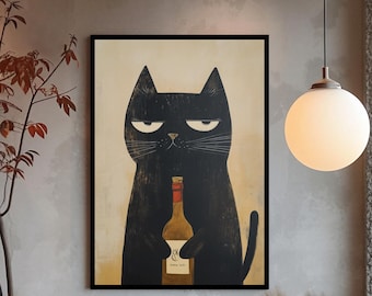 Elegant and Bored Cat with wine | Minimalist Art | Digital Artwork | Wall Decor Poster