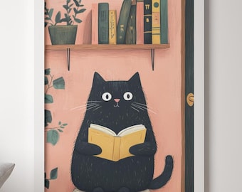 Black Cat Reading Wall Art – Whimsical Bathroom Decor, Funny Cat Printable, Digital Download