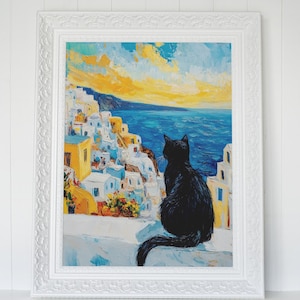 Santorini Sunset with Black Cat – Van Gogh Style Digital Wall Art