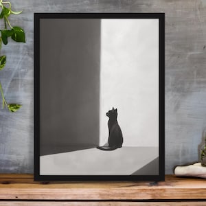 Black Cat in Shadow Art Print – Minimalist Contrast Wall Decor | Digital Download