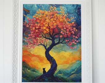 Enchanted Blossom & Cat Dream – Limited Edition Mystical Art Print for Cat Lovers | Home Decor