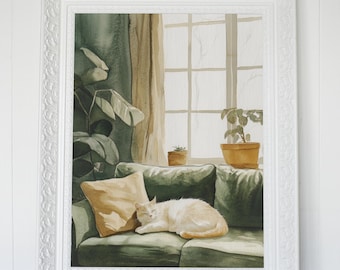 Sunlit Cozy Cat Art | Relaxing Watercolor Cat Print | Nordic Interior Wall Decor