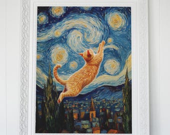 Mesmerizing Starry Sky Cat Adventure – Dreamy Floating Feline Wall Art Print