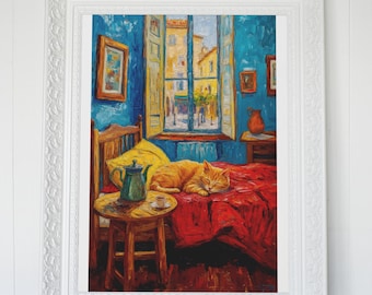 Inspired by Van Gogh - Bedroom in Arles with Cat | Post-Impressionist Feline Art Print