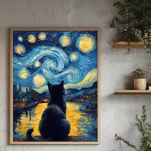 Kattenkunst sterrennacht - Van Gogh-geïnspireerde muurposter kat | Grillige digitale download | Cadeau kattenliefhebber | Muurdecoratie katten