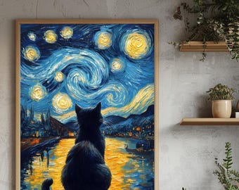 Starry Night Cat Art Print – Whimsical Van Gogh Style (Digital Download)