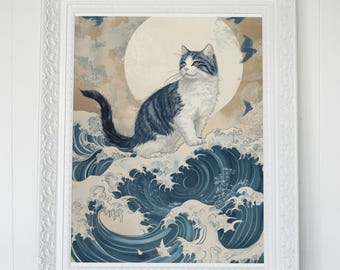 Ukiyo-e Cat Wave Print – Minimalist Japanese Art (Digital Download)