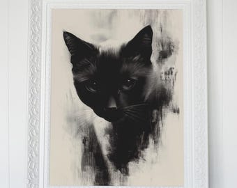 Mystical Black Cat Art | Monochrome Digital Print | Elegant Wall Decor Poster