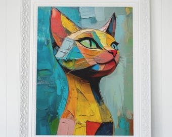 Colorful Cat Bust Print – Impasto Pop Art (Digital Download)