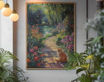 Monet-Inspired Impressionist Cat Art Print | Dreamy Garden Painting | Digital Download Wall Decor