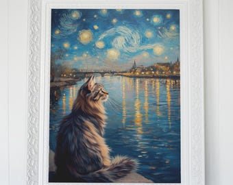 Maine Coon Under Starry Rhône Sky – Van Gogh Style Digital Art Download