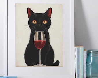 Black Cat Wine Art Print – Elegant Home Decor (Digital Download)