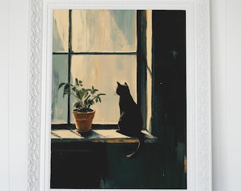 Black Cat Window Art Print – Minimalist Cozy Wall Decor with Plant | Scandinavian Style