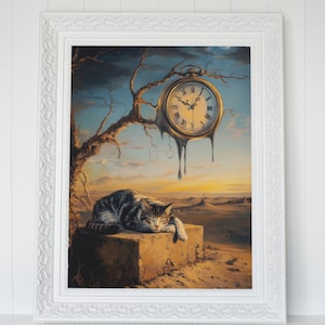 May include: A surreal painting of a cat sleeping on a rock in a desert landscape. A melting pocket watch hangs from a dead tree branch above the cat.