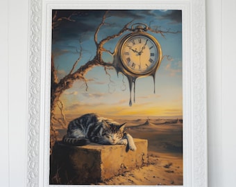 Dalí-Inspired Surreal Cat Art – Melting Clocks Dreamscape Digital Download