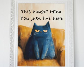 Funny Blue Cat Art Print – Minimalist Feline Illustration (Digital Download)
