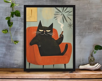 Stampa artistica di un divertente gatto nero – Decorazione retrò per sala fumatori (download digitale)