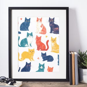 Colorful Cat Illustration Print – Whimsical Feline Wall Art, Playful Rainbow Cats Digital Download, Modern Minimalist Pet Decor