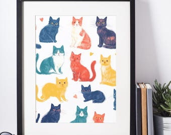 Whimsical Rainbow Cat Print – Modern Pet Wall Art (Digital Download)
