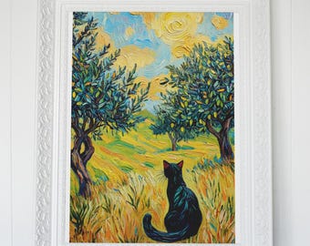 Van Gogh-Inspired Olive Grove with Playful Cat – Vibrant Digital Download