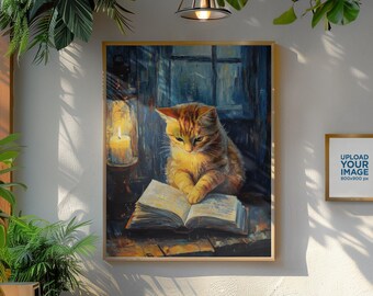 Van Gogh Cat Printable Wall Art – Literary Night Scene for Book Lovers & Cat Fans
