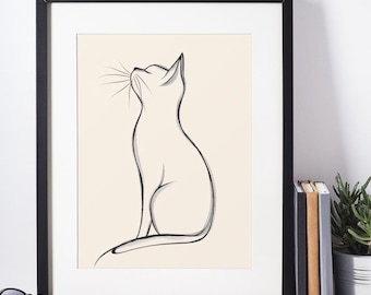 Minimalist Cat Looking Up - Elegant Digital Line Art