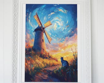 Van Gogh Inspired Cat & Windmill Print | Starry Sunset Sky (Digital Download)