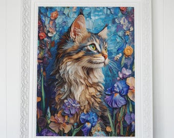 Whimsical Cat in Iris Garden – Van Gogh Inspired Printable Wall Art | Impressionist Digital Download