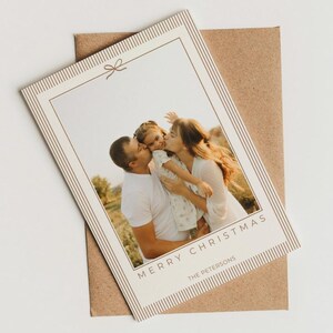 Christmas Card DIY Editable Canva Template, Modern Beige Bow & Stripes, Portrait/Vertical, Printable, Simple Family Photo Holiday Greeting