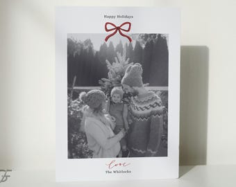 Christmas Card DIY Editable Canva Template, Minimalist Red Bow, Portrait/Vertical, Printable, Digital, Simple Family Photo Holiday Greeting