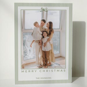 Christmas Card DIY Editable Canva Template, Modern Green Bow & Stripes, Portrait/Vertical, Printable, Simple Family Photo Holiday Greeting