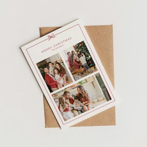 Weihnachtskarte DIY bearbeitbare Canva-Vorlage, moderne und minimalistische Schleife, Porträt / vertikal, druckbar, einfacher Spaß Familienfoto-Urlaubsgruß