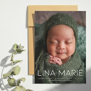 Birth Announcement Card Editable Canva Template, Modern & Minimalist, Portrait/Vertical, DIY Printable, Newborn Baby Photo, Instant Download