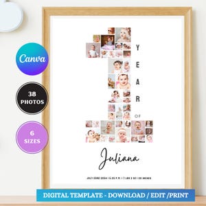 First Year Photo Board Baby's First Year Collage Modern Minimalist 1st Birthday Poster Sign Editable Template Instant Download