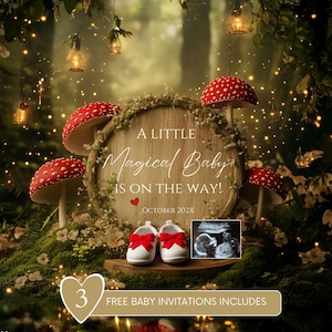 Editable Mushroom Pregnancy Announcement | Fairy Forest Baby Reveal | Digital Enchanting Garden Template | Magical Social Media Announcement