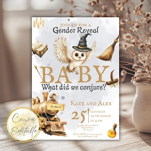 Customizable Harry Potter Themed Gender Reveal Invitation: Witch or Wizard Baby Announcement Template