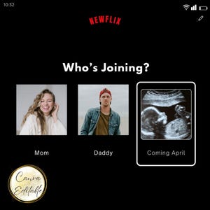 Anuncio de bebé en Netflix: revelación digital del embarazo: plantilla de ecografía editable: diseño divertido inspirado en la transmisión
