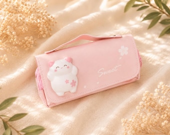 Pink Pencil Case, Squishy Cat Stationery Organizer for School Supplies & Gifts