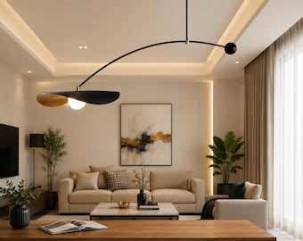 Modern Arc Ceiling Light: Mid Century Pendant, Matte Black, Inner Gold Shade