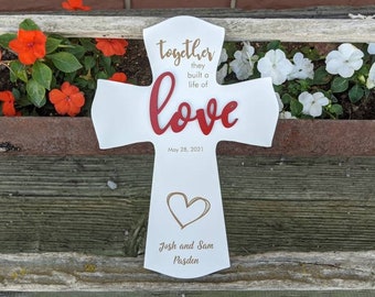 Together They Built A Life They Loved Personalized Wedding Cross | 3D Heart Religious Wedding Cross| Couple's Wedding Cross
