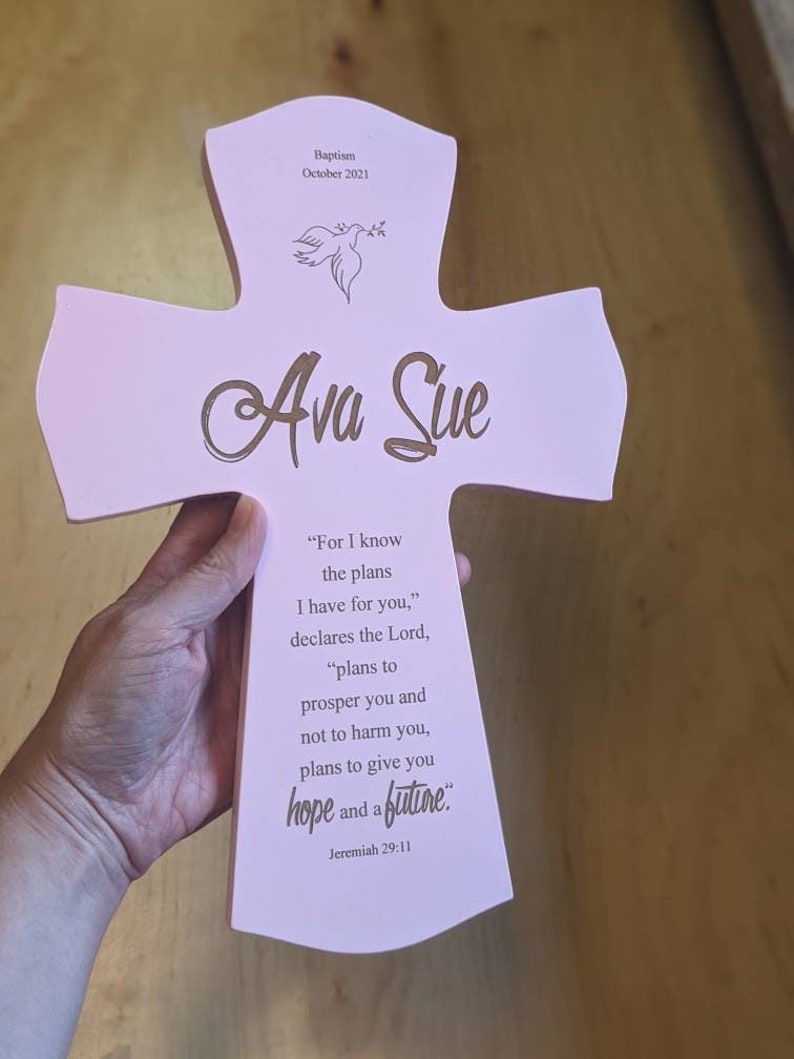 Personalized Baptism Cross Gift God Bless, Dedication Gift for a child, Personalized Baptism Gift, Cross from Godparent, Godparent gift Pink