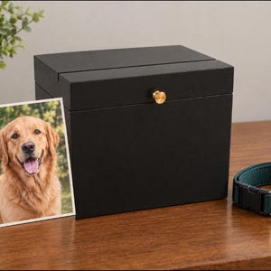 May include: A matte black rectangular wooden box with a gold-toned knob, accompanied by a vertical photograph of a golden retriever and a dark green nylon dog collar featuring a gold-toned metal tag shaped like a paw print.