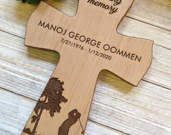 Personalized Golfing Memorial Cross ,Wood memorial cross gift for loss, personalized memorial cross, wood memorial gift for funeral,