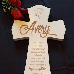 Personalized Baptism Cross Gift God Bless, Dedication Gift for a child, Personalized Baptism Gift, Cross from Godparent, Godparent gift White