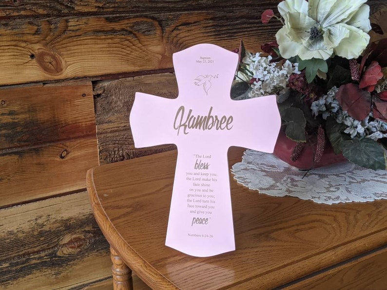 Personalized Baptism Cross for Baptism, Wall Cross, Baby Dedication Gift, Personalized Baptism Gift, Newborn Gift, Laser Engraved Cross, Pink