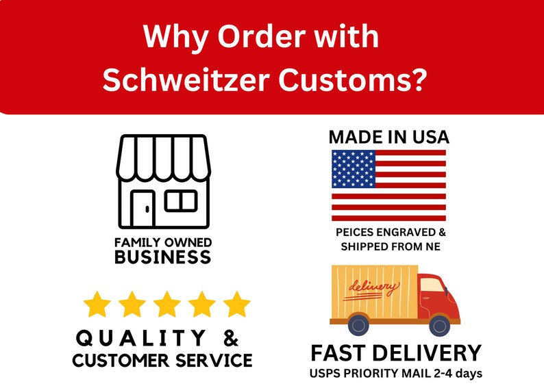 May include: Graphic with text "Why Order with Schweitzer Customs?" and icons: a shop, American flag, five stars, and a delivery truck. Text includes "Family Owned Business", "Made in USA", "Quality & Customer Service", and "Fast Delivery".