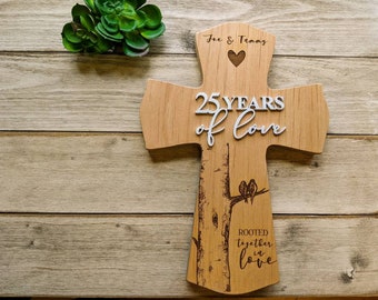Personalized 25th Anniversary Cross: Engraved Wood, Religious Gift for couple, 25th anniversary gift for her, 25 anniversary gift for him