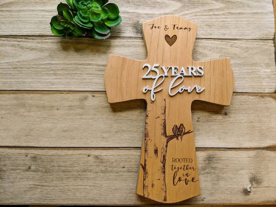 Personalized 25th Anniversary Cross: Engraved Wood, Religious Gift for couple, 25th anniversary gift for her, 25 anniversary gift for him