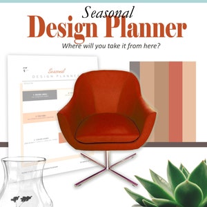 May include: A red armchair with a chrome base sits in front of a wall with vertical stripes of brown, orange, and beige. The text "Seasonal Design Planner" is at the top of the image. The text "Where will you take it from here?" is below the title. The text "Work it Out worksheets by ef grace." is at the bottom of the image.