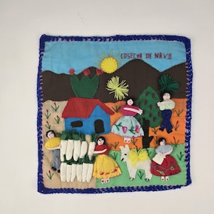 Peru Arpillera Folk Art Tapestry Wall Hanging 3D Applique Handmade 10” X 10”